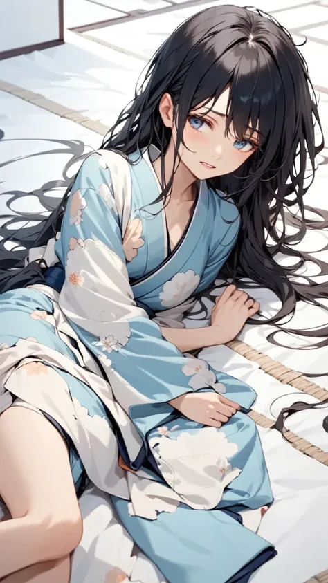 Black hair, long hair, Japanese blue kimono, lying in a Japanese-style room, disheveled clothes, disheveled hair,