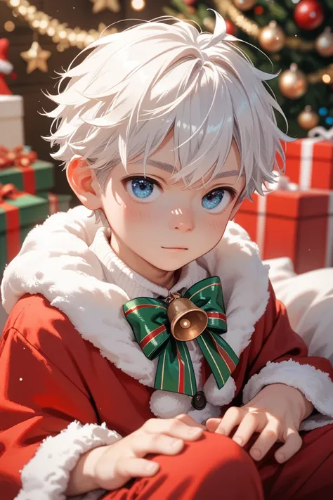 Young male blue eyes white hair Santa costume