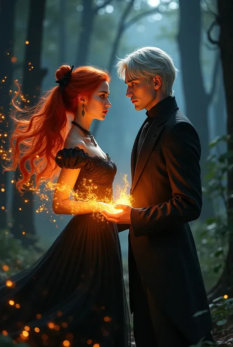  Red-haired girl with orange eyes in a black period dress with flames of fire in her hands and a man with silver hair and dark eyes dressed in black, both in the woods at night 