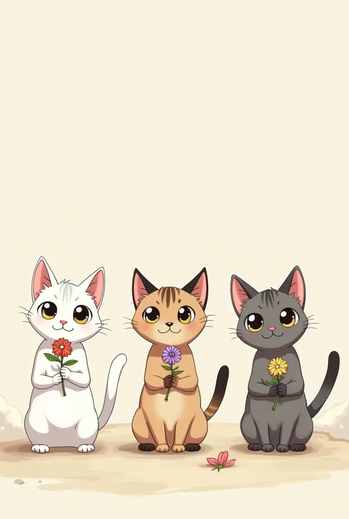 Create three anime-style scientific cats each clutching a flower, That they are much farther apart but standing facing forward,one white, a Siamese and a gray 
