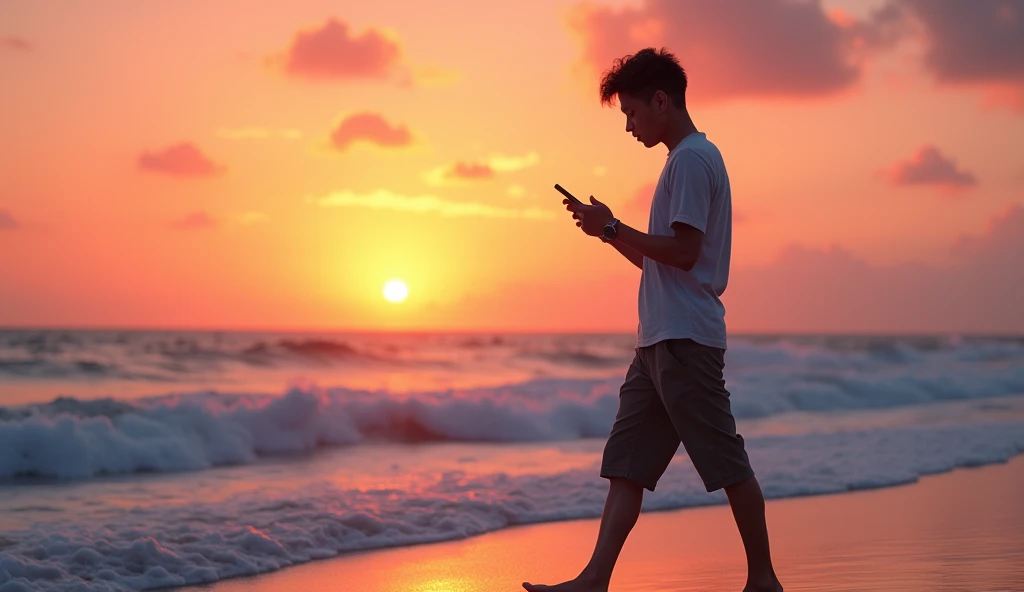 "A realistic image of a person walking along the shore, holding their phone and typing a heartfelt message to a friend. The ocean waves roll in gently, and the sky is painted in hues of orange and pink from the sunset. The serene environment reflects the s...