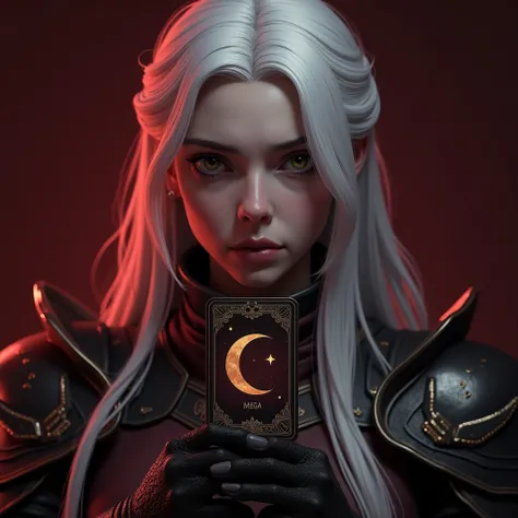 Stylish man chin up with armor ((Malenia Elden Ring game character)), white hair, shows the crescent moon card, burgundy light background, masterpiece,close up portrait, sad character laughed sadly