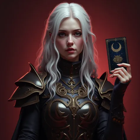 Stylish man chin up with armor ((Malenia Elden Ring game character)), white hair, shows the crescent moon card, burgundy light background, masterpiece,close up portrait, sad character laughed sadly