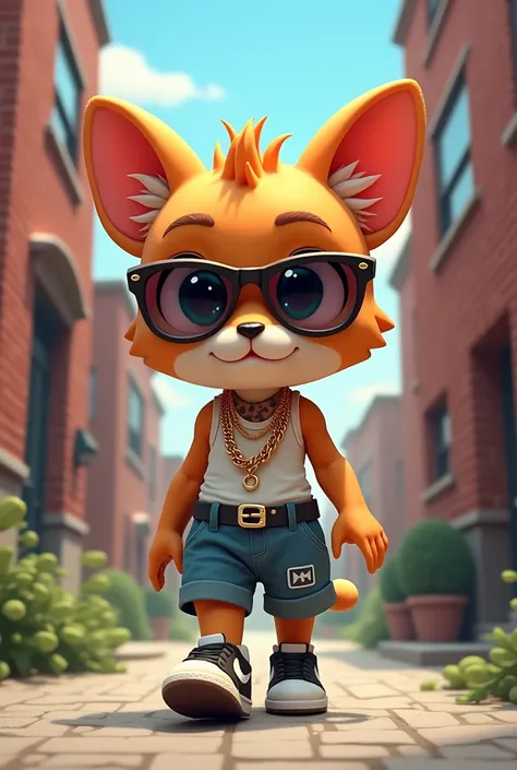  A very cute and bad-faced puppy cat with mirrored glasses neck tattoo wide and large shorts and white tank top,Nike sneakers with gold chains around the neck walking amidst brick houses  