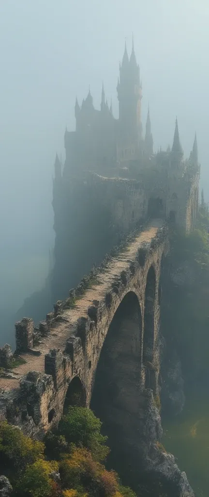  A very old bridge ( float in the sky , 即将倒塌,  Many rainbows shine through the mist ) connected to an ancient castle  float in the sky .  is diffusely reflected through the fog .  stretch far into the foreground ， is about to collapse and . in the thick fo...