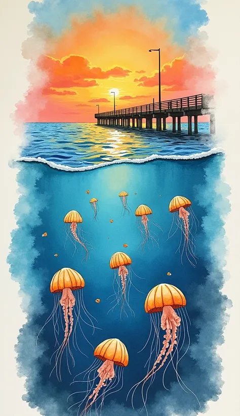 draw some jellyfish and fish rising through the water towards a pier on the beach close to the pier stick wood whit a watercolored art style, whit a sunrise at the end of de see, but a rectangular image upwards , like a bookmark , and be artisanal and wate...