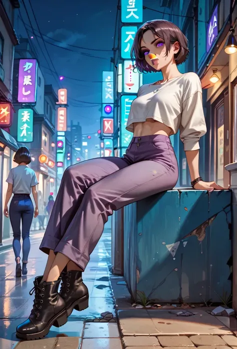  brutal anime girl full length,  brunette ,  disheveled short hair  ,  purple eyes , big lips,  slim figure ,  dressed in purple open haori ,  purple wide pants , black ankle boots on her feet , walks through the city at night , sexy