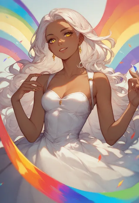 young woman.with brown skin and long white hair with rainbow reflections dressed in a long white dress with golden eyes.