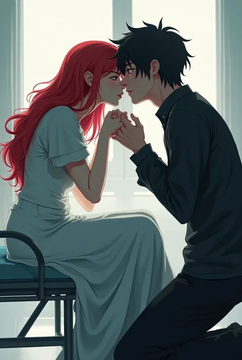 Red-haired woman sitting on a stretcher against a hospital background,  with a black-haired man squatting in front of her kissing her hand, 