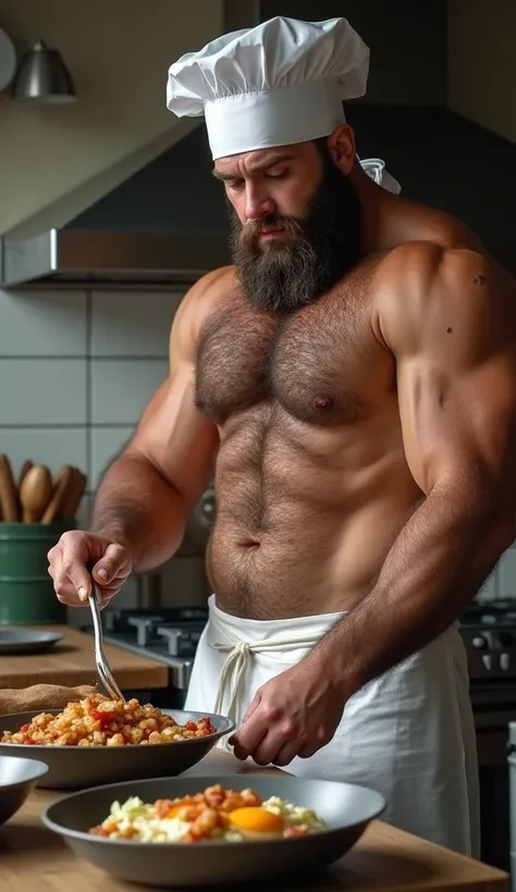 An image of a very bulky muscular masculine hairy chef, wearing only sheer white apron and toque, no shirt, no pants, exposed hairy back, exposed hairy buttocks, exposed legs, cooking breakfast, camera angle from the side exposing his back and buttocks. Bu...