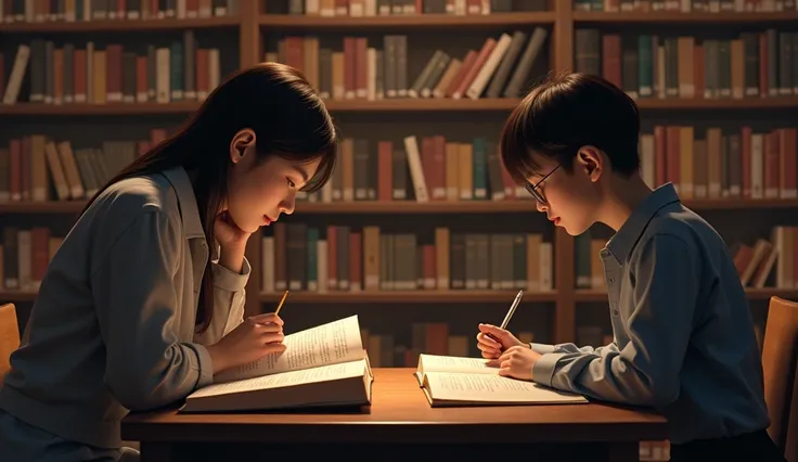 A realistic image of two people seated at a library table. One is engrossed in a book, while the other patiently waits, perhaps jotting notes or glancing at their own reading material. The shelves of books, soft lighting, and quiet atmosphere underscore th...