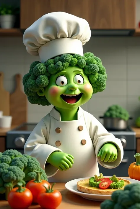 Generate an image of a broccoli chef for me