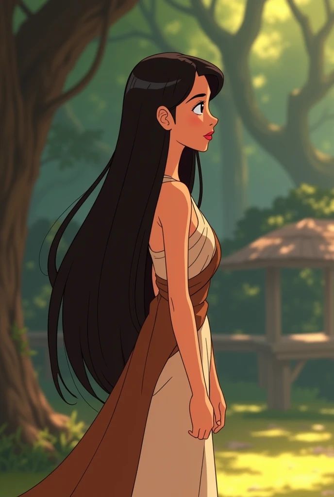 , could you make me an animated cartoon image of a woman with long, straight hair and a brown color on her back?? And with more background, portavor 