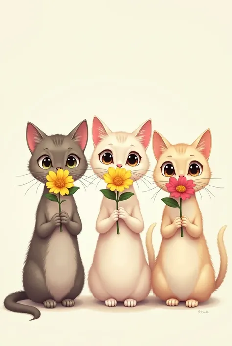  Create three scientific cats with a flower in their mouths each but standing, separated and standing looking straight ahead cute anime style  