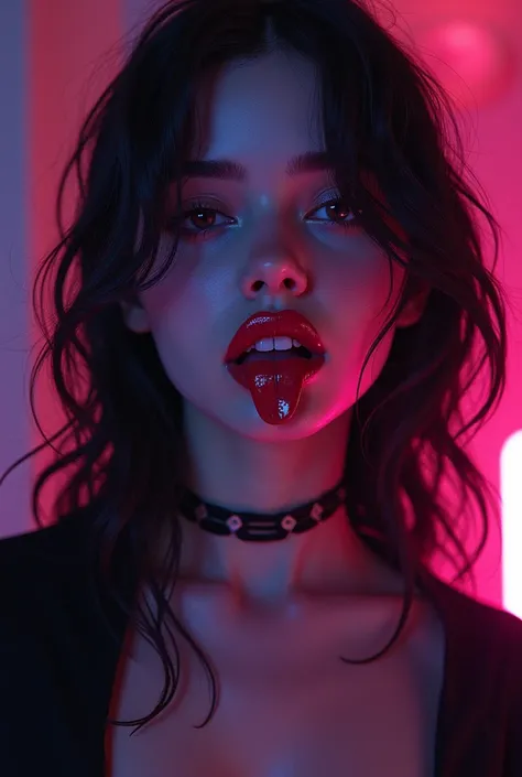 Girl mouth with teeth and tongue, sexy, neon lights

