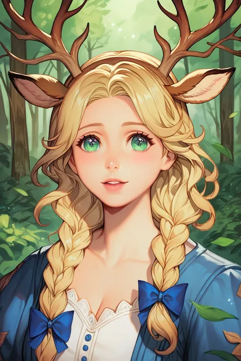 anime,  woman, detailed face, cute woman, wavy blonde hair on a low braid, jade pretty eyes, tree branches like antlers, blooming antlers, deer ears, detailed medieval fantasy blue clothing, spring forest background.