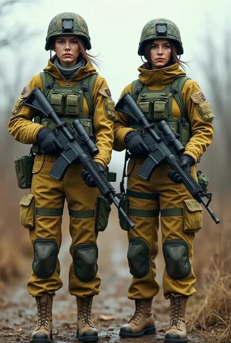 Two Ukrainian women in their 30s wearing yellow and green pixelated camouflage uniforms, holding an M-4 rifle with a telescopic sight, wearing body armour and Kevlar helmets, and sand-coloured boots.