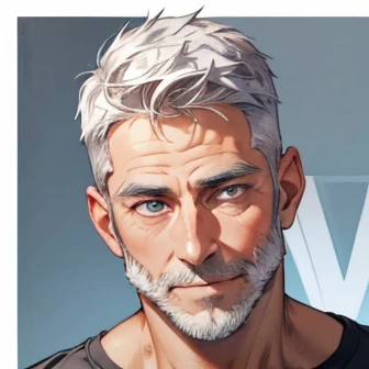 Sexy man, short hair, ((crew cut)), (gray beard), looking at viewer, ((smile)), (gray hair), (blue eyes), t-shirt, (background: white), ((front view)), (dark skin), (portrait), ((squared face)), turned up chin, (roman nose), (40-year-old)