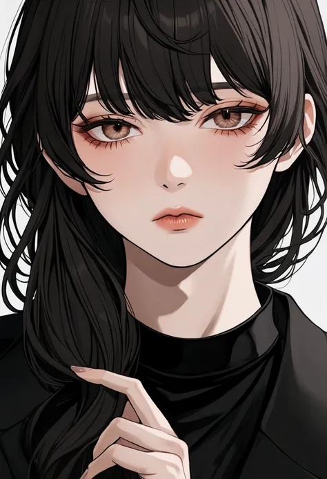 Korean and Russian transgender boy, your skin is black,  but not in such a dark shade ,  your hair is black and your bangs cover your left eye ,  Her eyes are dark brown .