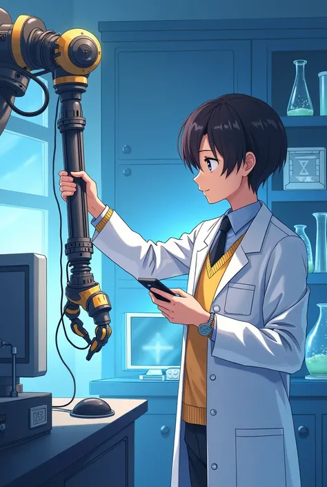 Anime of a student who is working in a laboratory with cellular computer transmission systems manipulating a robot extension jpg