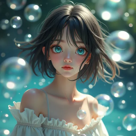 (( top quality, 8k)), (Realistic), (facial focus: 1.1), (cyan cores:1.3),  with, short hair, hair fluttering in the wind, (Sleeves: 1.1)、skirt, C Cup Breasts, Countless soap bubbles,