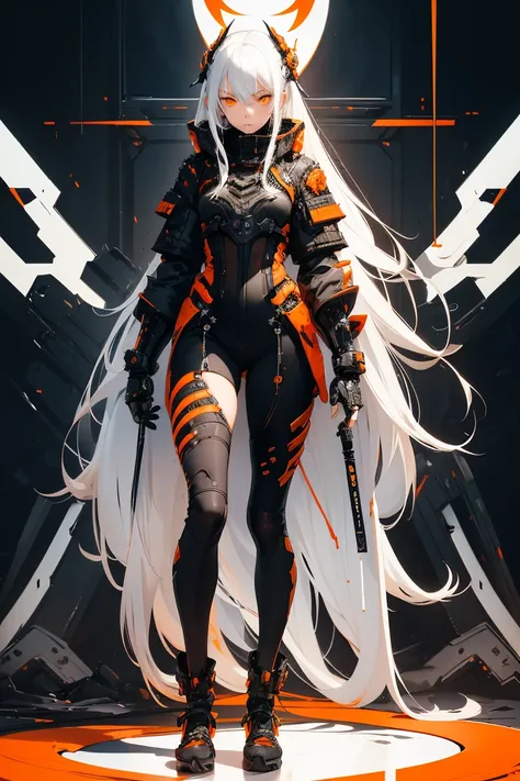 full body shot, Style by Tsutomu Nihei, ( high resolution:1.18),  complex details, ( masterpiece:1.1), ( Qualité supérieure :1.1), absurdres),(1fille, portrait, white hair, orange eyes,  Long Hair,  detailed eyes)