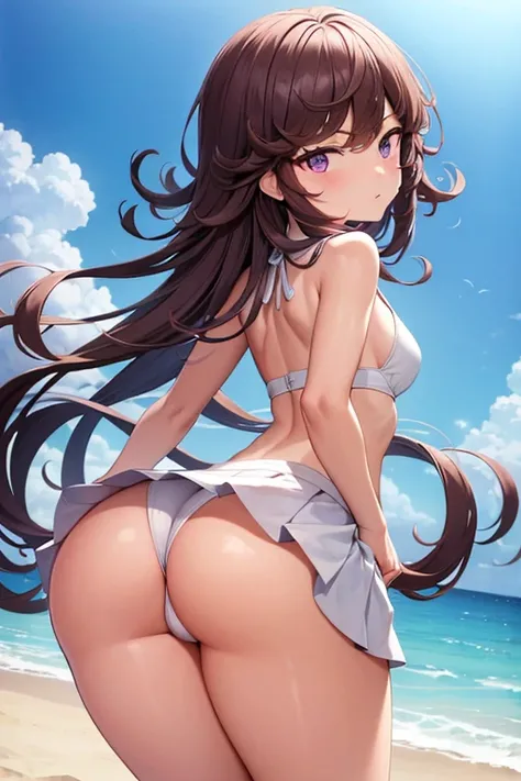 a girl, somewhat short stature, blushing, purple eyes, wavy hair, brown hair, bangs, long hair, on the beach, playing volleyball, white bikini with white skirt, bending forward, skirt lifted up, head down, ass up, bent over, rear view, anime