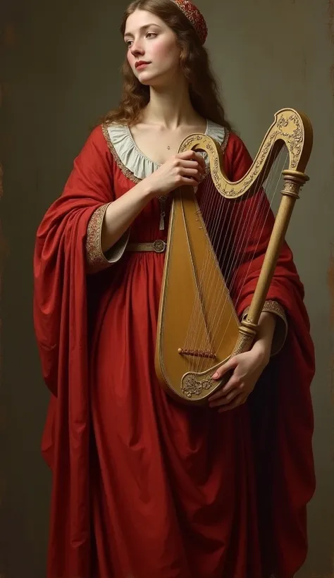 realistic realistic image of Saint Cecilia ,  wearing a red robe holding a harp 