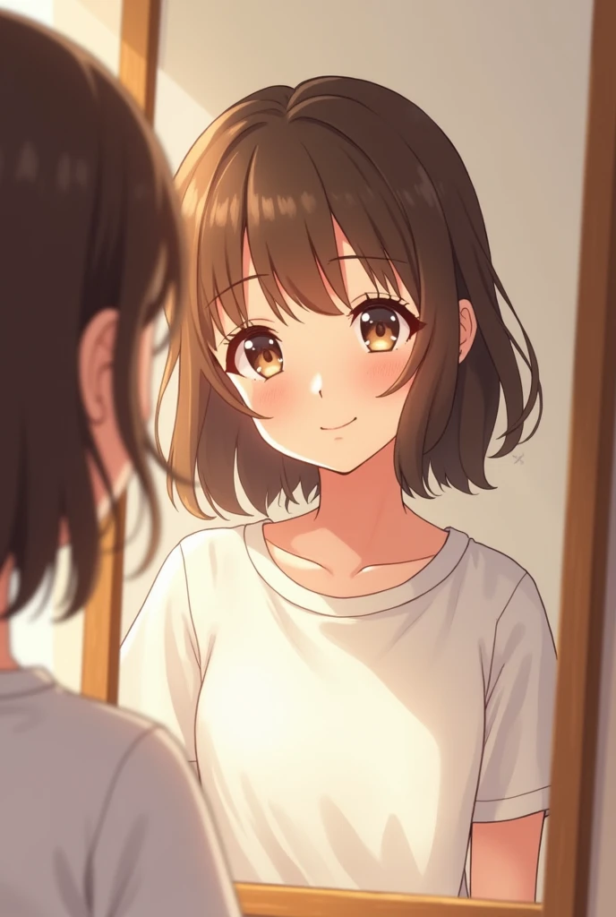 15-year-old Caucasian anime girl with brown eyes and brown hair looking at herself in the mirror with a smile 