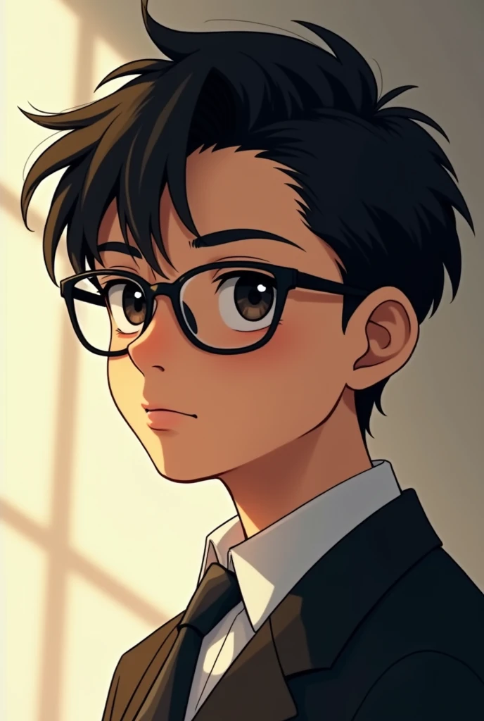 16-year-old boy slim , intelligent, with glasses,  black hair,  black and light brown eyes