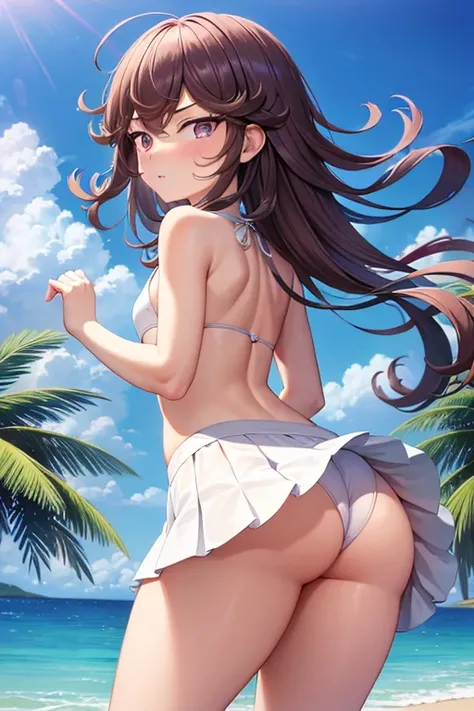 ((best quality)), ((masterpiece)), (detailed), a girl, somewhat short stature, blushing, purple eyes, wavy hair, brown hair, bangs, long hair, on the beach, playing volleyball, white bikini with white skirt, looking back, bending forward, skirt lifted up, ...