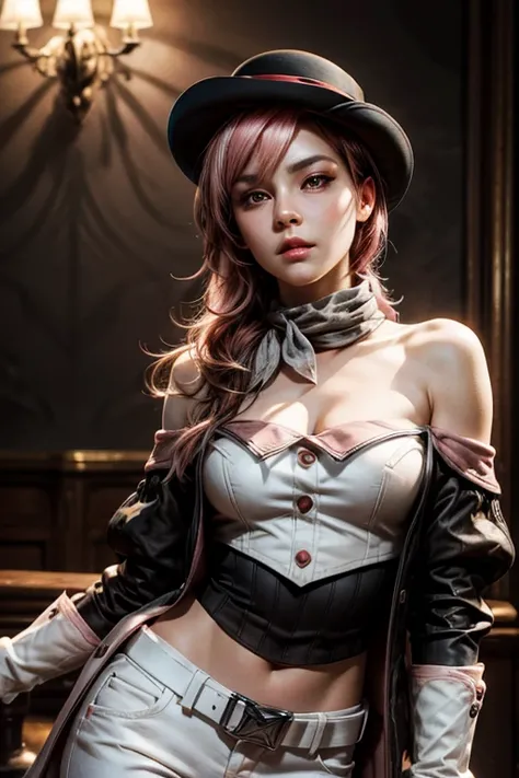 pink and brown hair, multicolored hair, neopolitanatlas, bowler hat, grey scarf, white gloves, white shirt, off-shoulder shirt, black sleeves, midriff, white belt, white pants, standing in chess themed room, cowboy shot, masterpiece,stunning girlfriend, he...