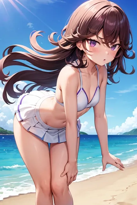 a girl, somewhat short stature, blushing, purple eyes, wavy hair, brown hair, bangs, long hair, on the beach, playing volleyball, white bikini with white skirt, bending forward, skirt lifted up, bent over, rear view, anime