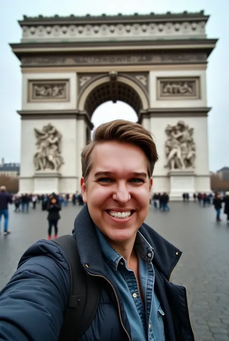 white man, beautiful, with blue eyes, smiling, taking a selfie showing the Arc de Triomphe