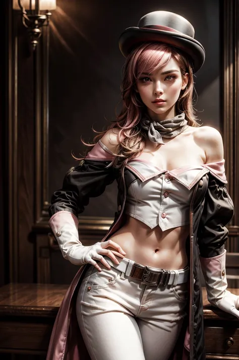 pink and brown hair, multicolored hair, neopolitanatlas, bowler hat, grey scarf, white gloves, white shirt, off-shoulder shirt, black sleeves, midriff, white belt, white pants, standing in chess themed room, cowboy shot, masterpiece,stunning girlfriend, he...