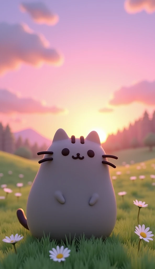 Create a 3D cat wallpaper in the style of Pusheen ,  The cat will be watching a purple sunset on a prairie with daisies.