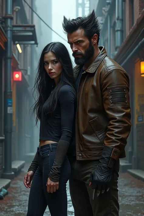 An eighteen year old girl, long black hair, blue eyes, pale skin, standing next to Wolverine, x-men universe 