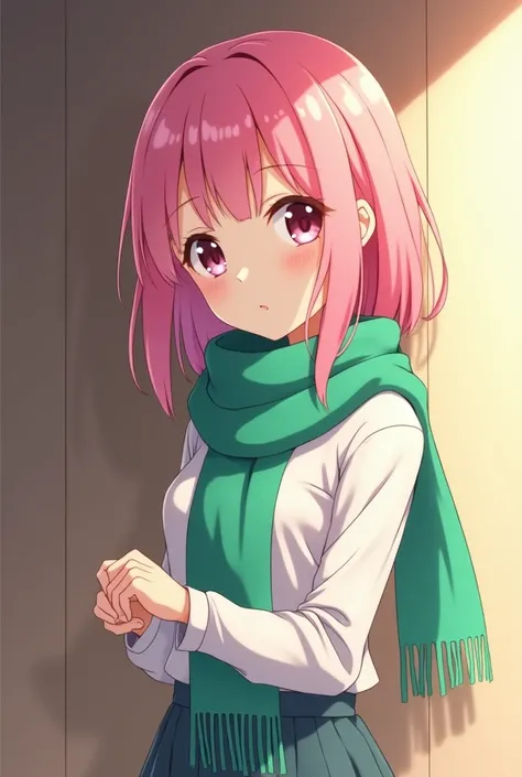  anime girl with pink hair and green scarf standing in front of a wall,  anime visual of a cute girl , Beautiful anime portrait, beautiful anime-style art ,  Clean and detailed anime art, colorful manga art, anime style portrait,  manga art style , beautif...