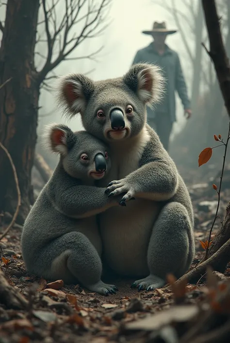  koala bears whose habitat is destroyed by humans. Everything in the background must be destroyed. 
people in the background. People who destroy nature on top of that 
