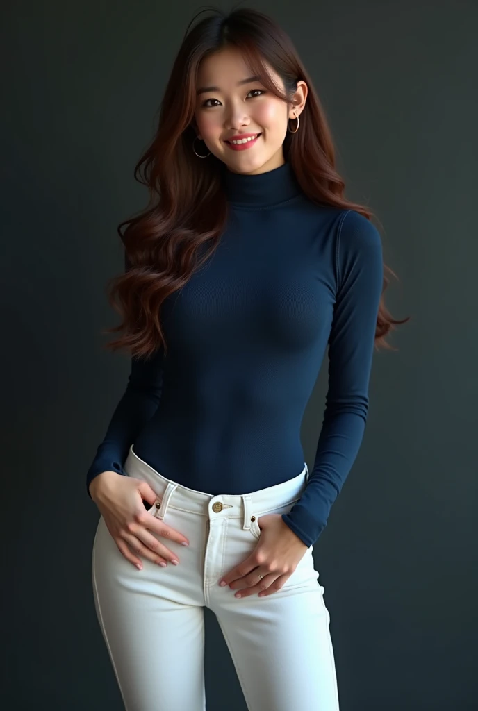 very short sexy Japanese girl with brown long wavy hair smiling, facing forward and wearing white skinny jeans, blue turtleneck, skinny waist and very thick hips, tight outfit, in a dark blue tight sweater. Wearing beige Chelsea Boots.