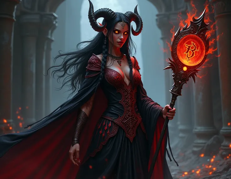 Zyra " Dark Call " Veklar .  A 26-year-old tiefling sorceress . Appearance: reddish skin,  bright golden eyes without pupils and curved horns .  Zyra has black hair tied in braids and black tribal tattoos along her arms .
Outfit:  A flowing black robe with...