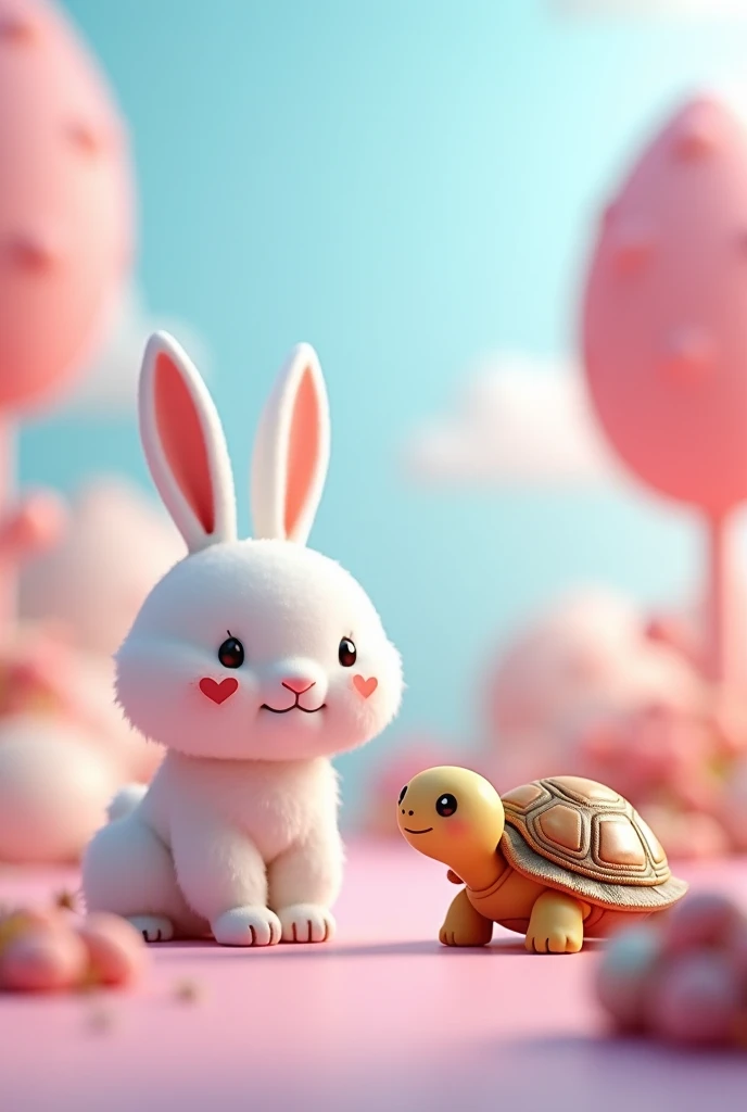 Cute white bunny with heart on cheeks, with a cute turtle, 3d , pink and blue background