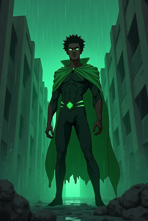 A young black Mozambican man wearing a green hero outfit, an outfit glued to his skin with micro vibes, has a dark and painful look with a face desperate for revenge on top of the ruins of a building, during a rainy night with an astonishing look with a gr...