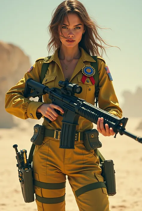 A 30-year-old woman in a yellow and green pixelated camouflage uniform, holding a machine gun with a caliper sight, a bullet, sand-coloured boots on her feet, and a machine gun ribbon over her shoulder.