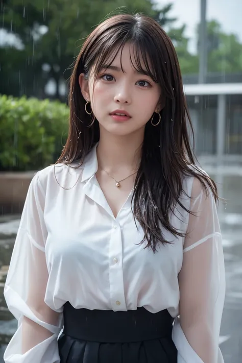 A beautiful 20-year-old woman with long brown hair and brown eyes。She has brown eyeshadow、Pale pink blush on her cheeks、She has a beauty mark under her left eye。She is in heavy rain、She is standing with her face and hair wet。She has a white blouse、 Necklac...