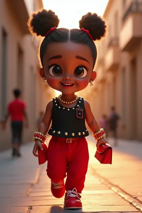 "Create a hyper-realistic animated video of a stylish toddler with a modern fashion look. The toddler is dressed in a black, pearl-studded top, paired with red pants and matching accessories, including a red handbag in each hand. The hair is styled into tw...