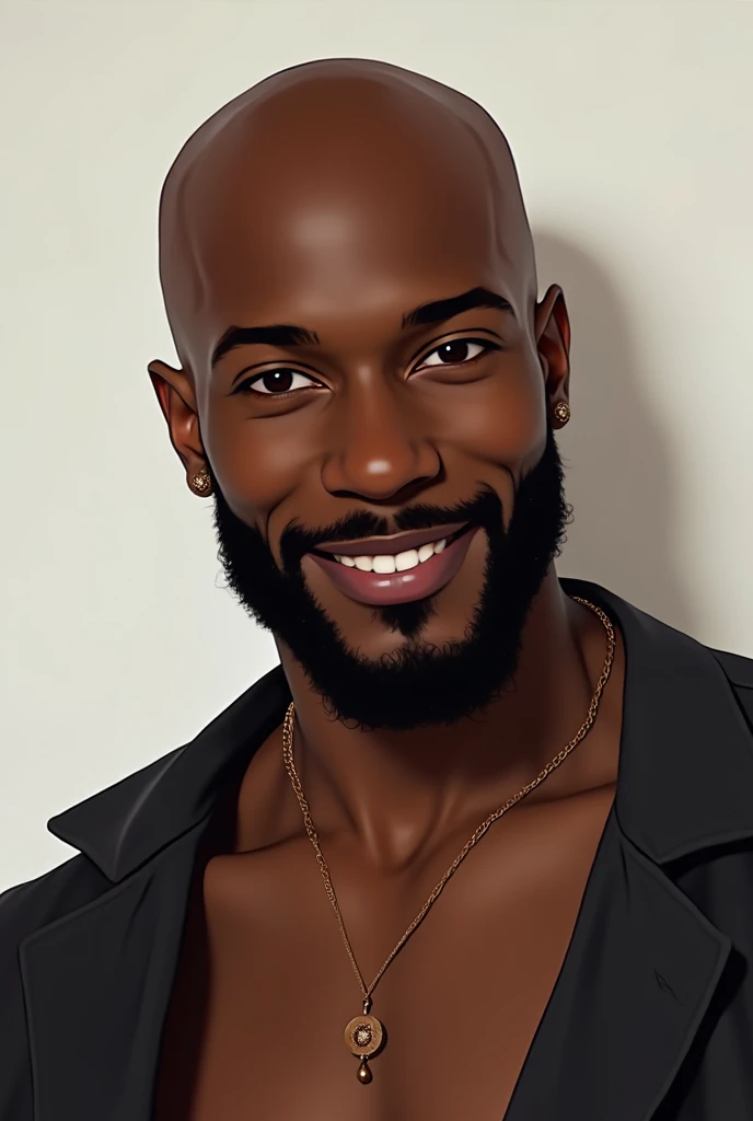 Black Man in his mid-30s, Bald headed, He has a slight beard, Slightly smiling、
Sexy feeling、An illustration