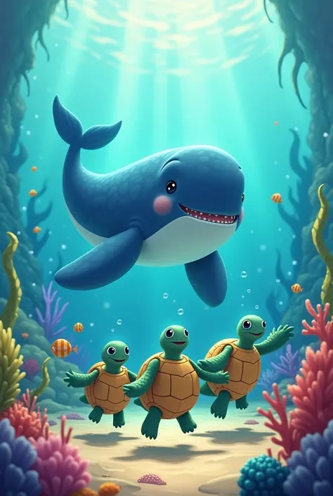 3 turtles getting chased by a not scary whale