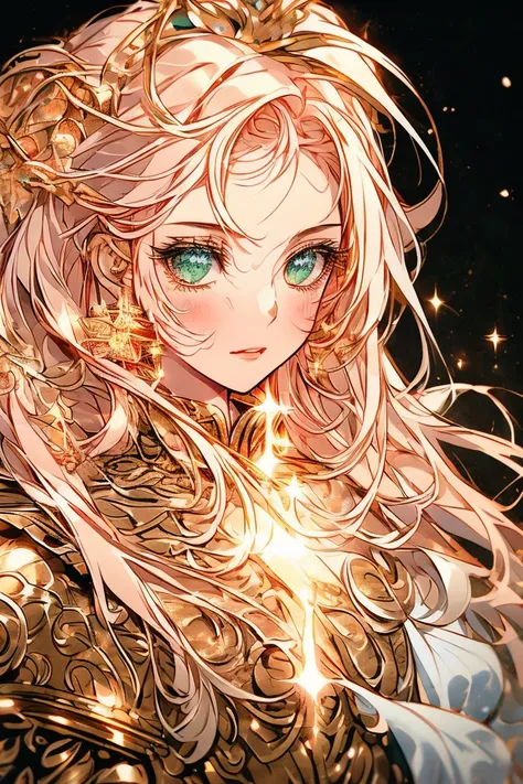 (masterpiece, full shot:1.5, ultra high resolution, highly detailed eyes), A strikingly beautiful young woman with flowing, long blonde hair that gleams like spun gold, cascading gracefully over her shoulders. Her vivid green eyes exude a sense of determin...