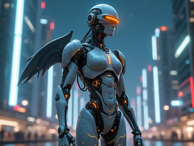 Creates an image of a futuristic humanoid being ,  that combine organic and mechanical elements in an impressive visual symbiosis .  The character must have a stylized body structure ,  with a skin that seems metallic and organic at the same time , reflect...